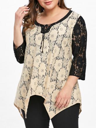 Plus Size Semi-sheer Floral Two Tone Lace Blouse
