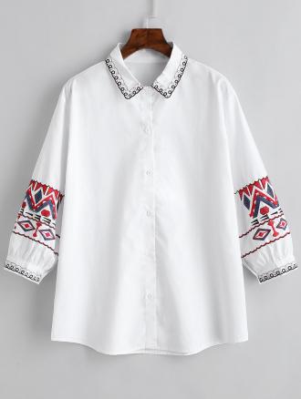 Ethnic Geometric Embroidery Plus Size Shirt