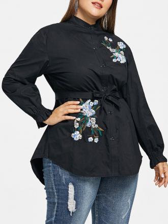 Plus Size Floral Embroidery Shirt with Belt