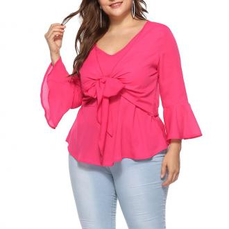 Solid Color V Collar Flare Sleeve Chiffon Blouse