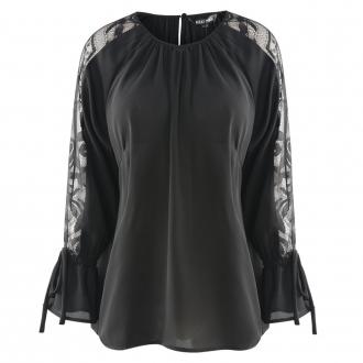 KISSMILK Women%27S Large Size Solid Color Lace Shirt Black