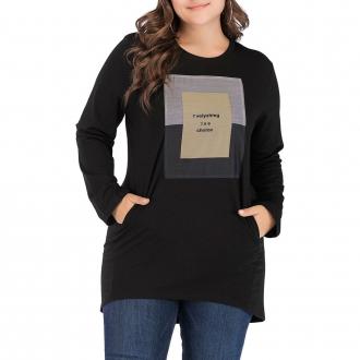 Large Size Women%27s Casual Round Neck Loose Collage Long T-Shirt