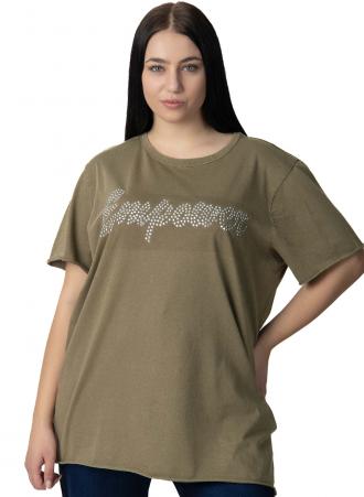 T-shirt με στρογγυλή λαιμόκοψη σε λαδί χρώμα και λογότυπο 