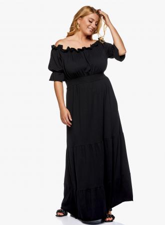 Έξωμο φόρεμα σε μάξι γραμμή σε μαύρο χρώμα απο μαλακή και δροσερή βισκόζη. Διαθέτει 3/4 μανίκι, μεσάτη εφαρμογή και βολάν στο τελείωμα. Επιλέξτε το και κερδίστε τις εντυπώσεις!