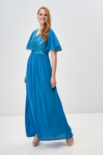 Φόρεμα αμπιγιέ maxi με παγέτα στο πάνω μέρος σε γραμμή αμπίρ εβαζέ με μανίκι,ve μπρος πίσω και φερμουάρ στο πίσω μέρος.