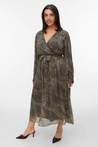 Φόρεμα σε σχέδιο γεωμετρικό εμπριμέ. Κρουαζέ μπούστο και μακριά μανίκια με μανσέτα. Δένει στη μέση με ζώνη ίδιας ύφανσης. Φοδραρισμένο.